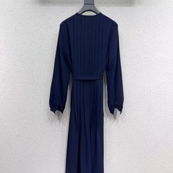 4 LV Louis Vuitton Metal Crew Neck Sash Belt Long-Sleeve Dress - Image 1