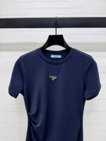 Prada 2025 Early Autumn New Metal Logo Short-Sleeve Fitted-Waist Dress - Image 5