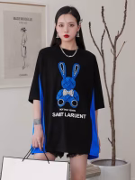 LV European-style Fashionable Cartoon Printed Rhinestone-Embellished Color-Block Loose Mid-Length Short-Sleeve T-shirt - Image 10