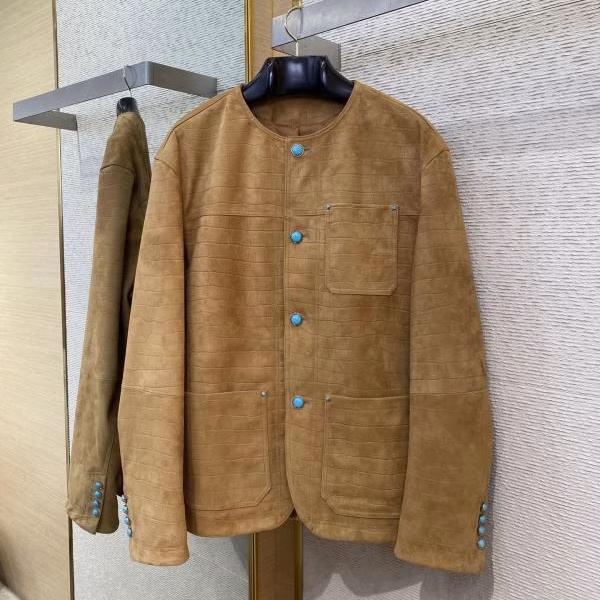 6 LV Louis Vuitton Turquoise Crocodile Collarless Leather Jacket - Image 1