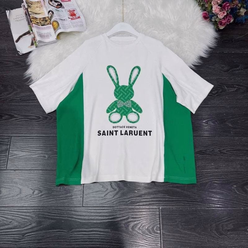 8 LV European-style Fashionable Cartoon Printed Rhinestone-Embellished Color-Block Loose Mid-Length Short-Sleeve T-shirt - Image 1