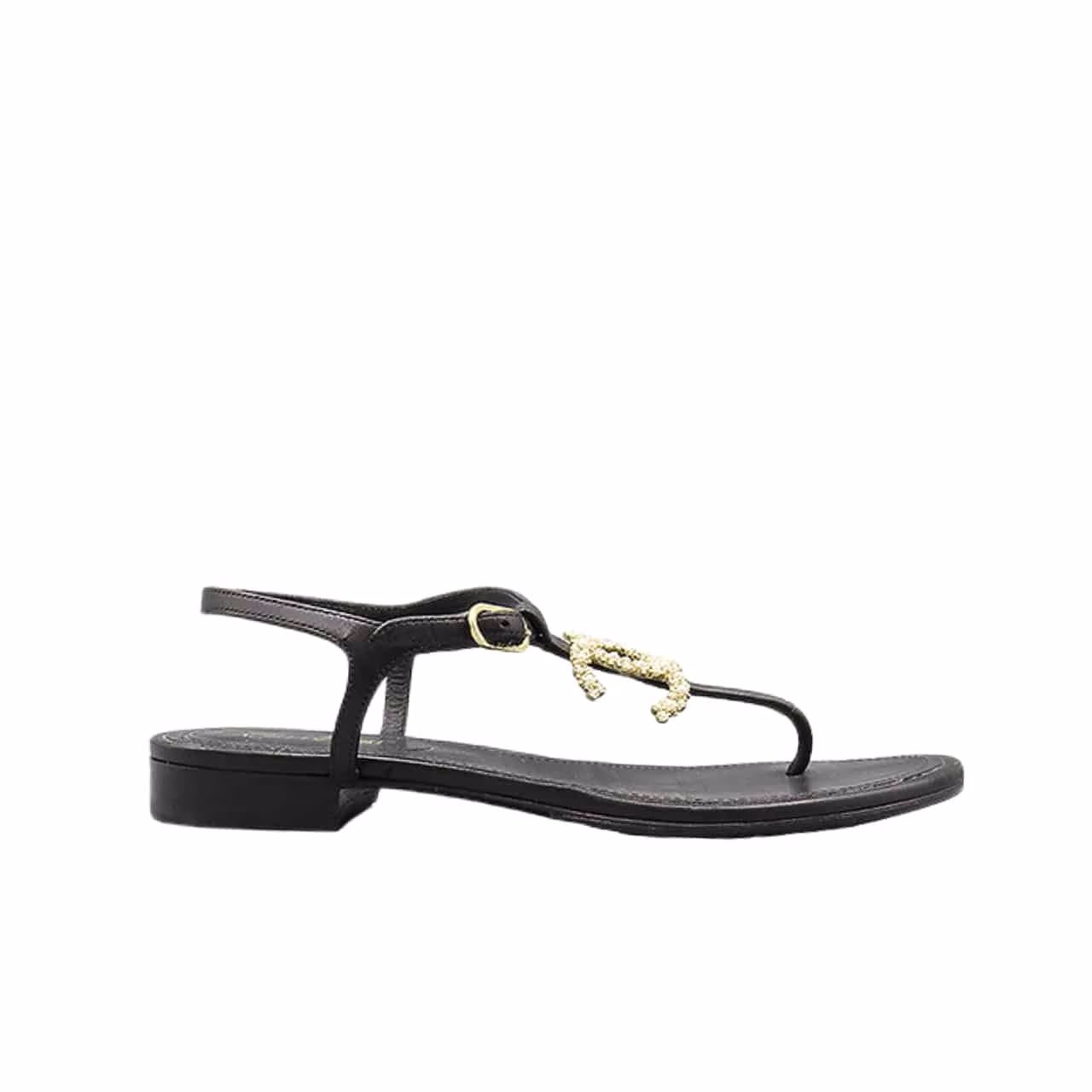 10001 Chanel Gold Pearl Cc Logo Thong Sandals Black - Image 1