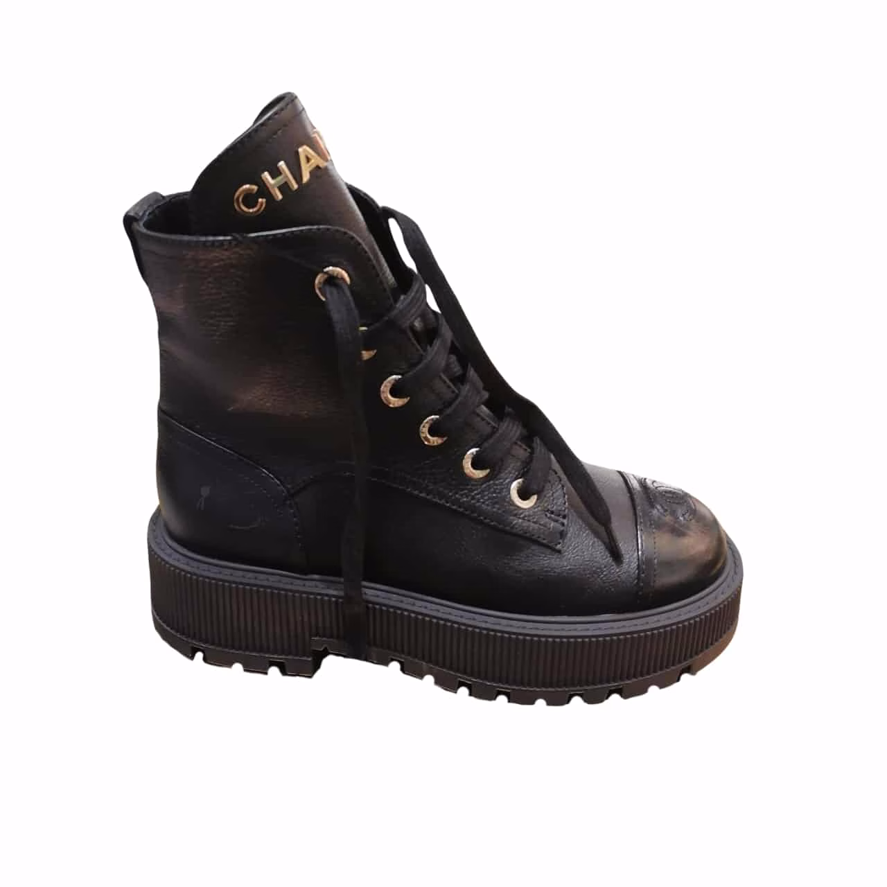 10001 Chanel Cc Lace Up Boot Black - Image 1