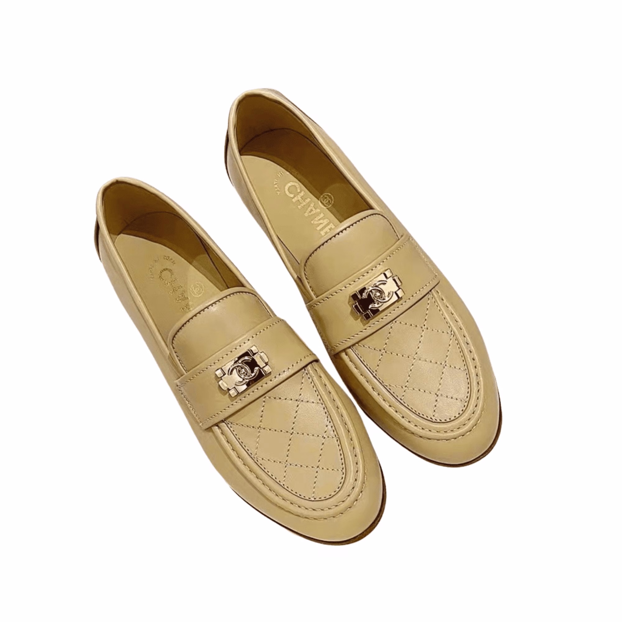 10001 Chanel 20B Quilted Boy Lego Metal Logo Gold Mule Slip On Flat Loafers Beige - Image 1