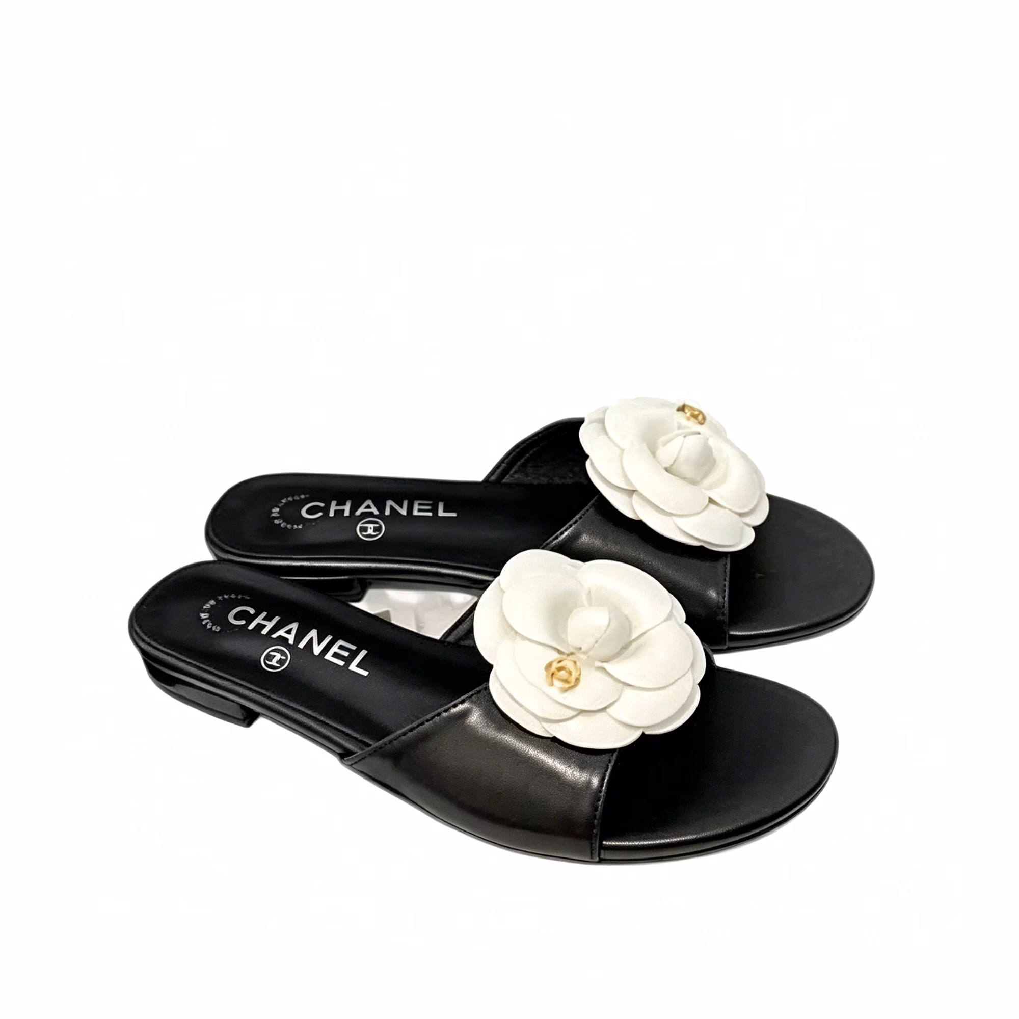12 Chanel White Camellia Slides Black - Image 1