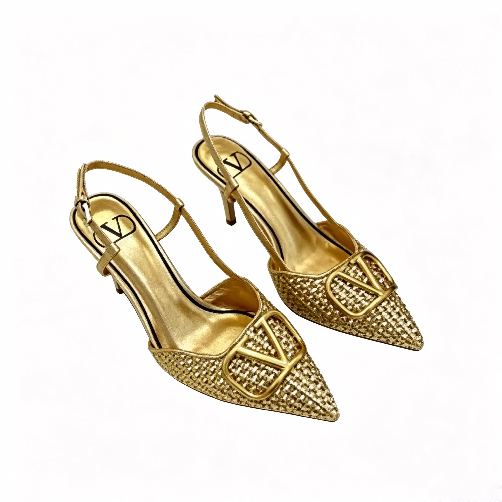 45 Valentino Garavani Vlogo Woven Leather Slingback Pumps Gold - Image 1