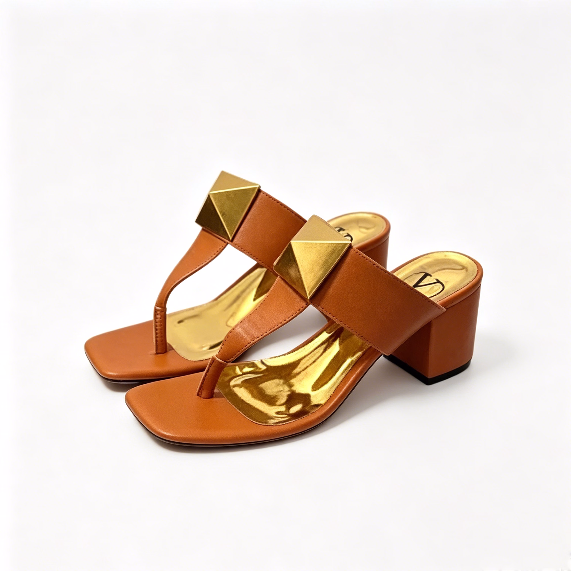 48 Valentino One Stud Metallic Nappa Flat Middle Heel Beige Thong Sandal - Image 1