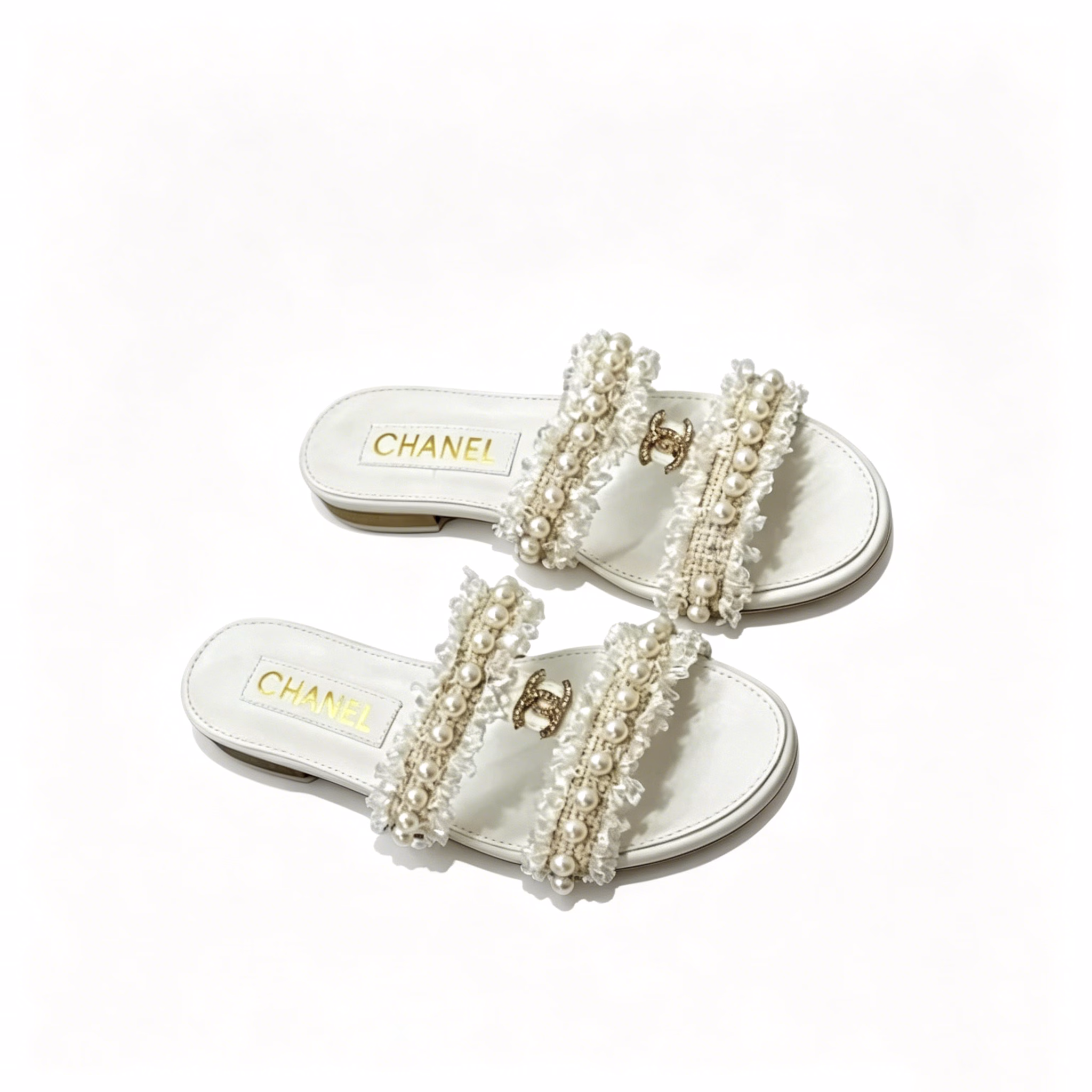 q Chanel Mule Slippers Pearl Tweed White - Image 1