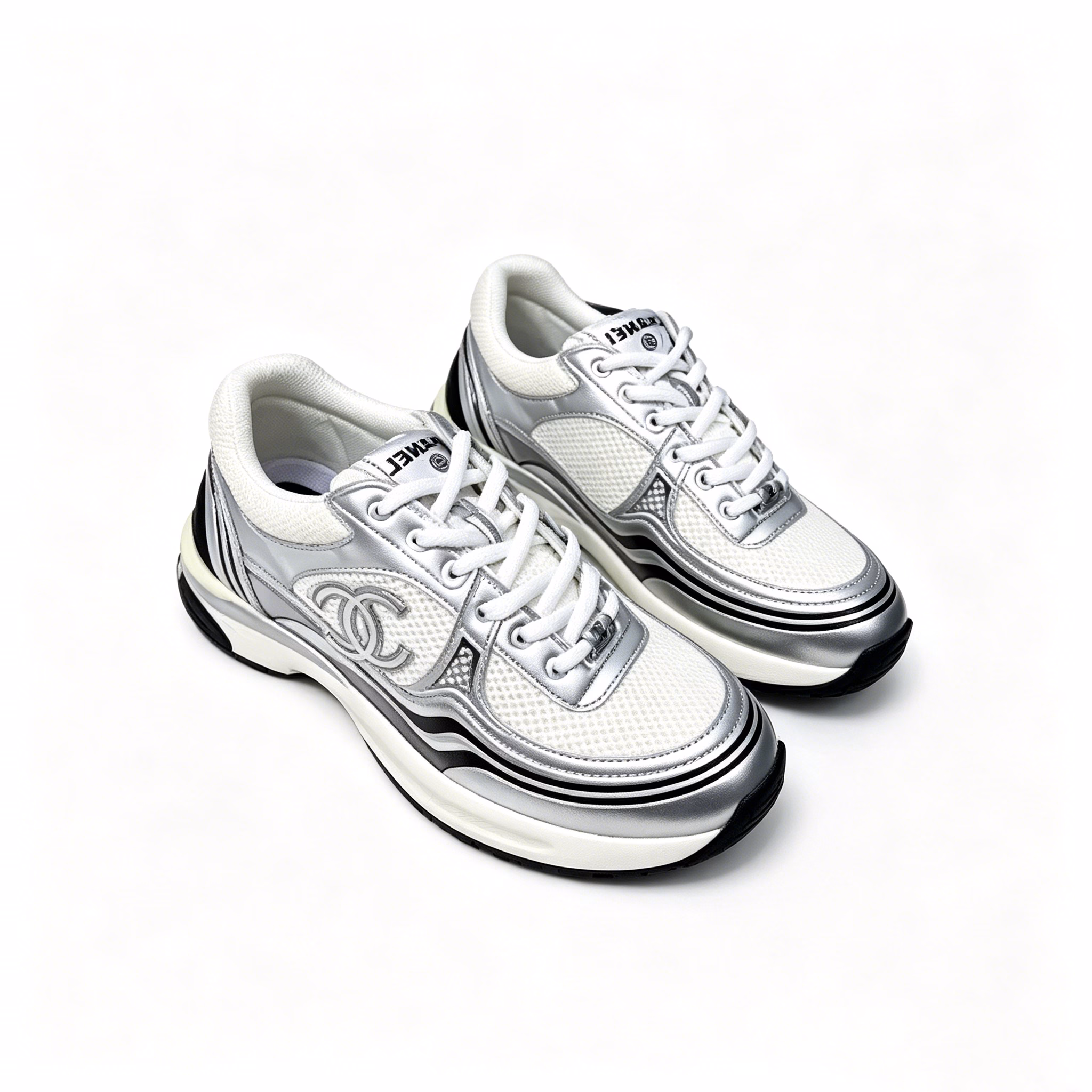 011 Chanel 23C Silver Metallic Cc Logo Lace Up Flat Runner Trainer Sneaker White - Image 1